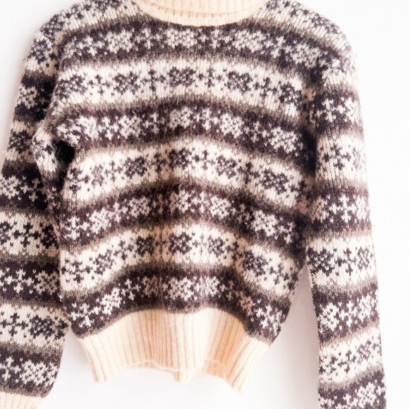 Vintage Fairisle Ivory Brown Icelandic Wool Turtleneck Sweater S - Picture 7 of 9